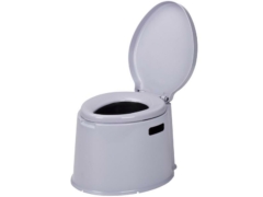 Vödrös toalett, színe szürkés-lila. A kivehető fedeles vödör űrmérete kb. 7 liter.